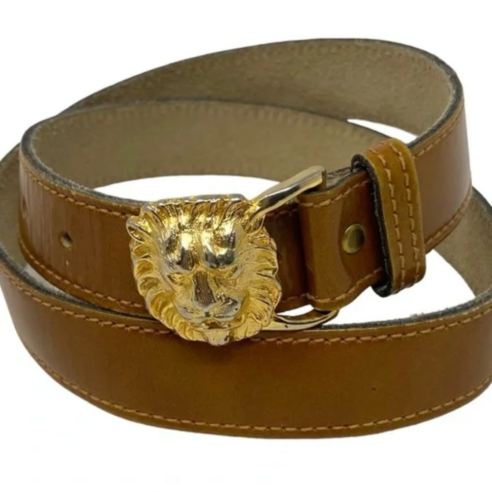 Vintage Anne Klein Leather Belt with Gold Lion Head Buckle